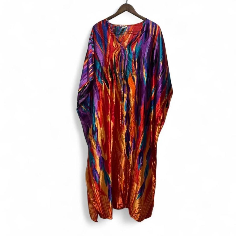 Multicolor‎ psychedelic maxi muumuu kaftan dress with tie/cinch OSFM
